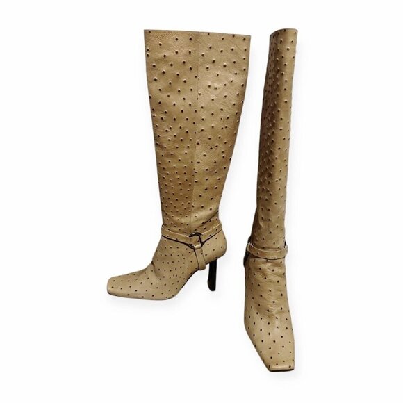 Knee high Biker Boots in Ostrich Printed Beige Leather,  Size 37EU, Vintage Y2K, - Picture 1 of 12
